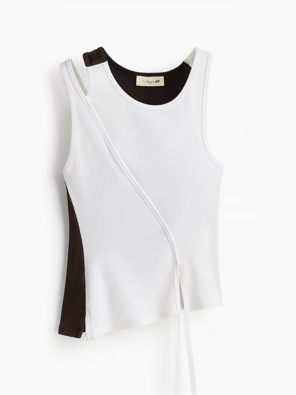 H&M MIA REGAN White & Dark Brown Asymmetric Tie-Detail Tank - XXL